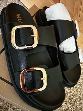 MIA Black Slide Sandals with Gold Buckles